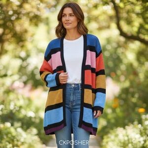 Woven Heart L Striped Duster Cardigan Multicolor Pink Blue Cotton Blend